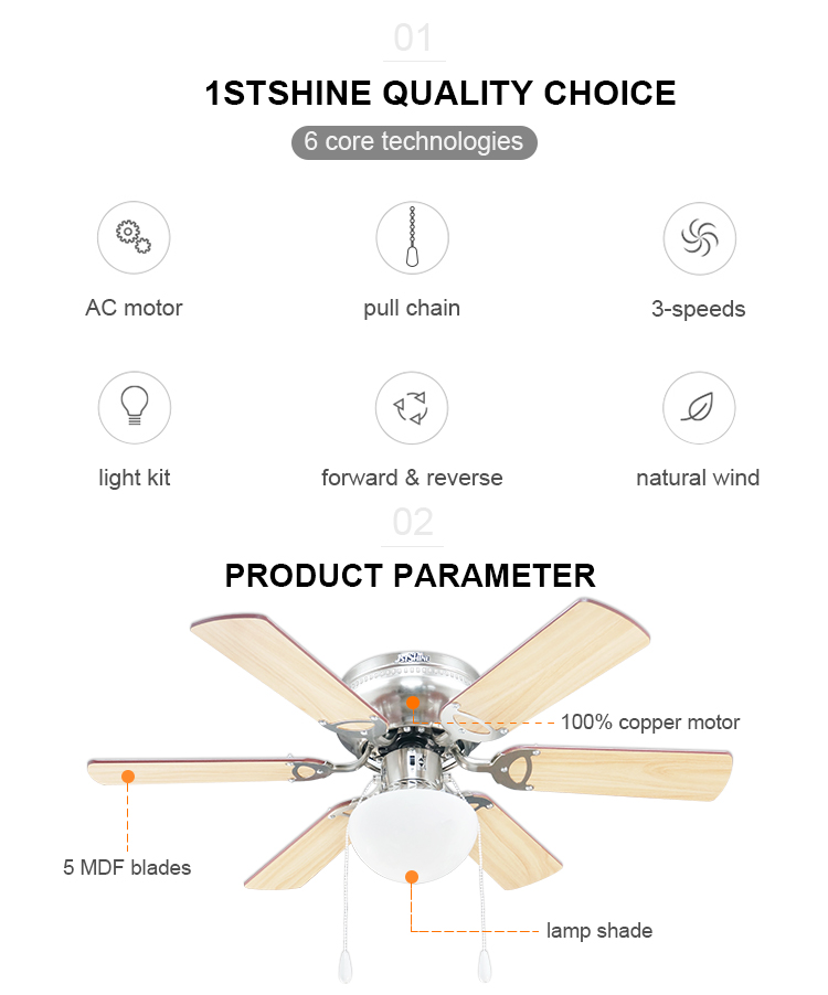 1stshine 32 Inch Ceiling Fan Light with 6 MDF Blades and Remote Control 10-Year Motor