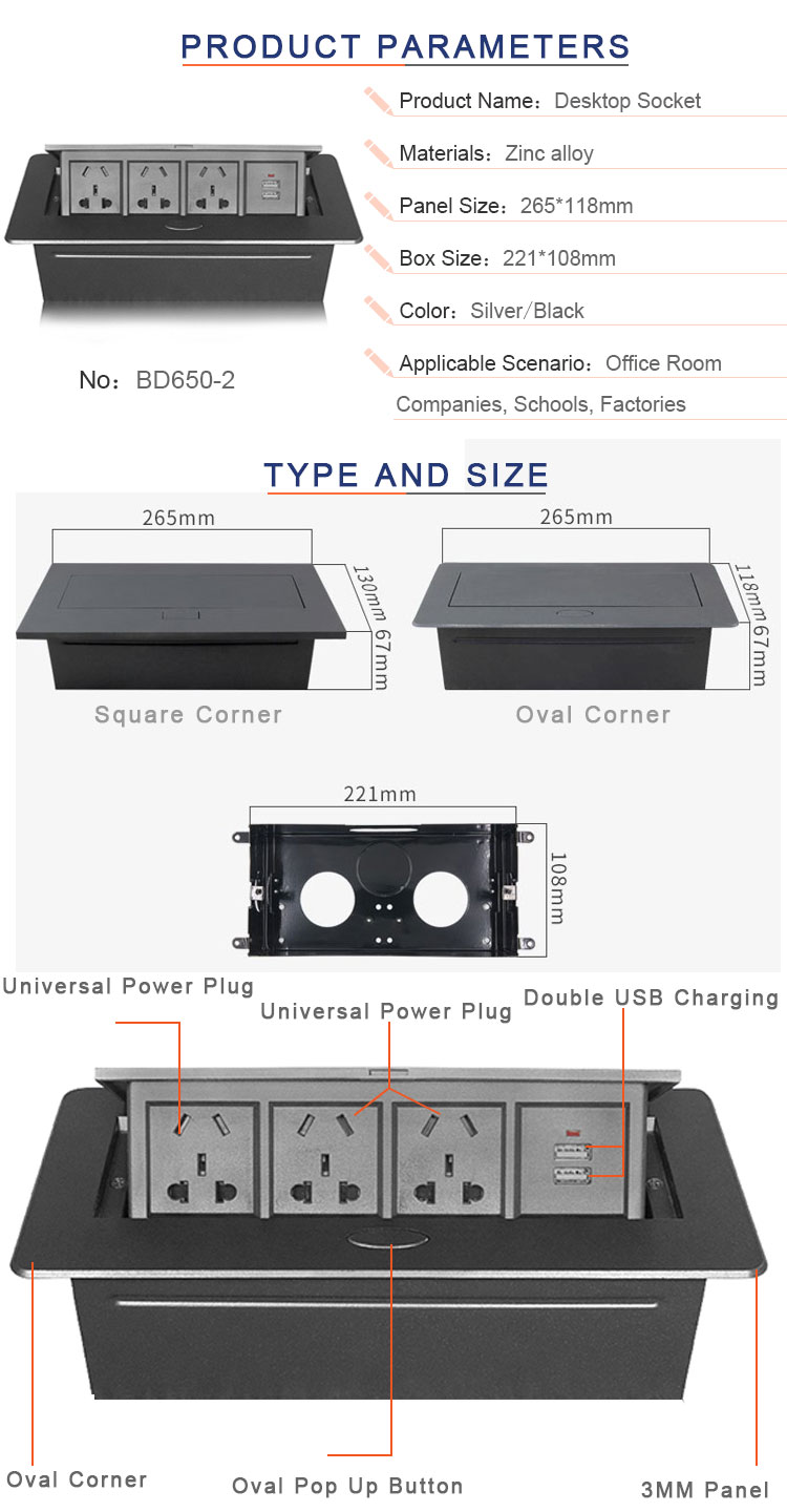 Universal power outlet table mounted pop up socket with usb charger