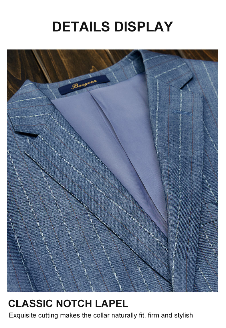 Customized Logo Printing Blue Striped Woven Men's Suit for Trendy Grooms at Weddings
