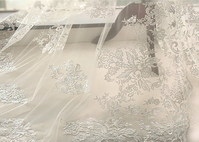 White Tulle Corded Bridal Stretch Lace Fabric , Floral Embroidered Wedding Dress Lace Fabric