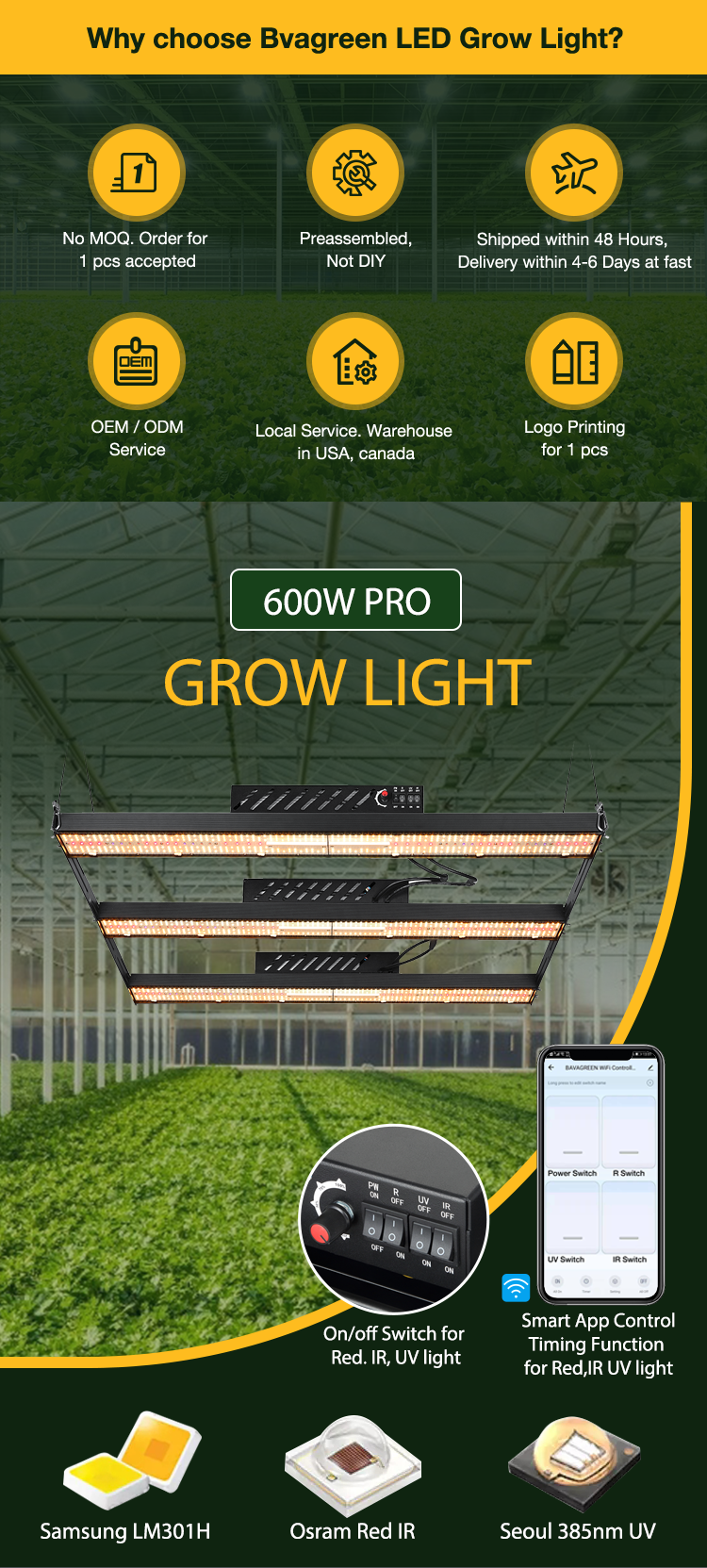 BAVAGREEN 600W full spectrum  uv ir samsung lm301 waterproof LED grow light bar 0