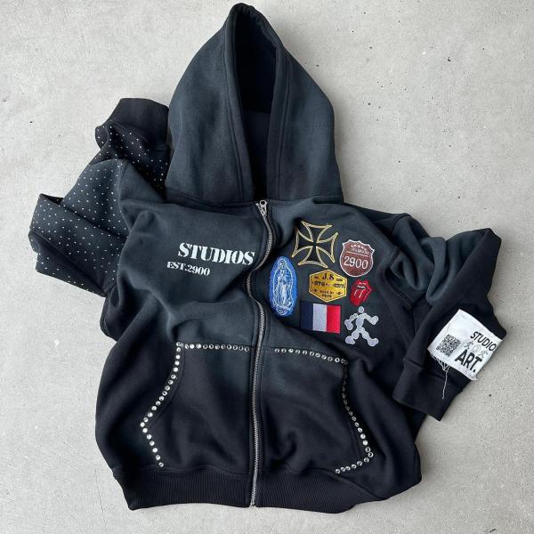 Oversized Rhinestone Hoodie Black Blue Heavyweight Hoodie Vintage Stone Wash