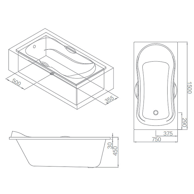 A15803 classical Small Built In Bathtub 120L Soaking With Grab Bars