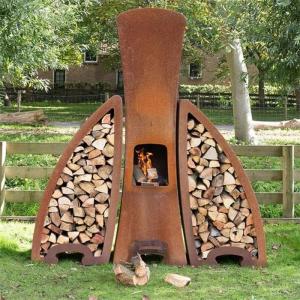 China Contemporary Corten Fireplaces Modern Outdoor Metal Chimenea With Storage wholesale