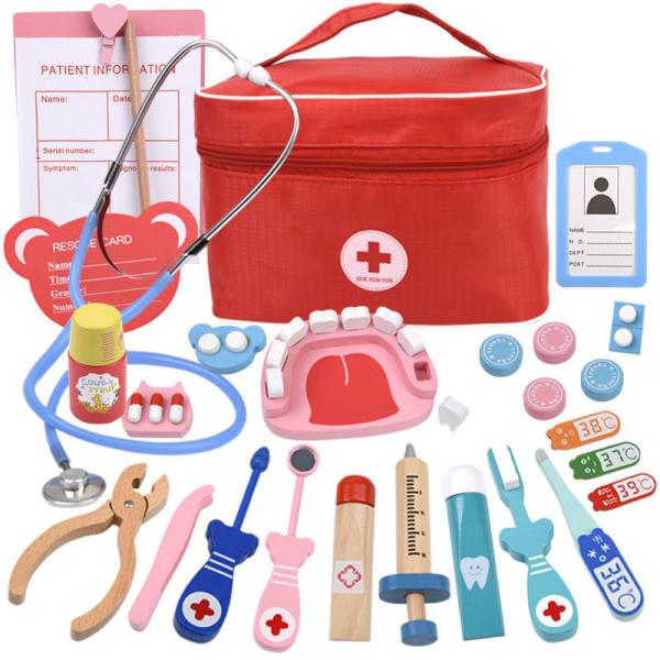Kids' Role-Playing Doctor Injection Toy Gift Wooden Simulation Cloth Bag