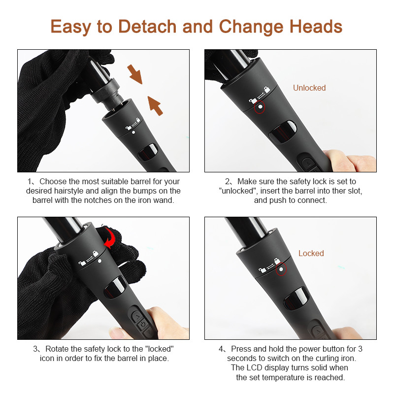 Ceramic Tourmaline Barrels Interchangeable Curling Iron Set LCD Temp Control
