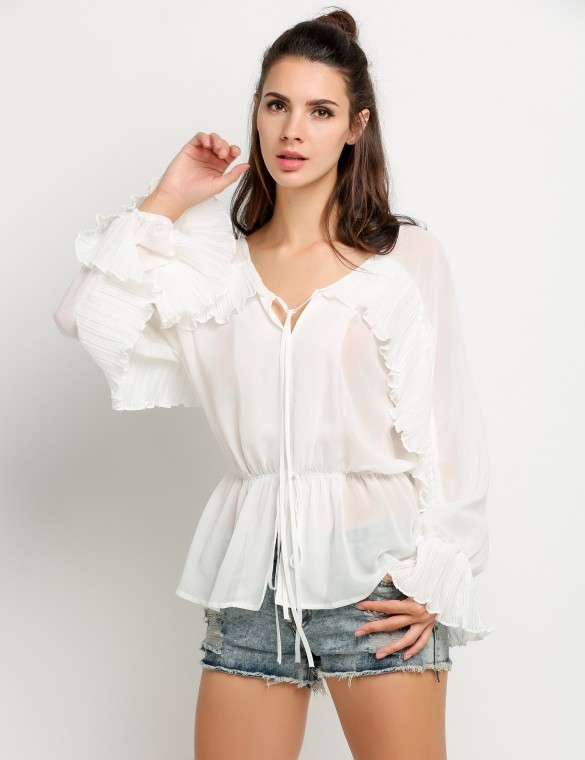 New Design Women Bat wing Long Sleeve Elastic Waist Ruffles Sheer Blouse Tops