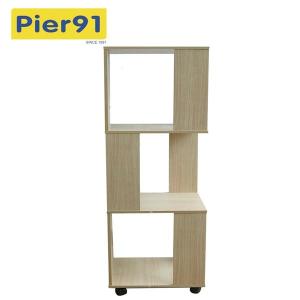 China Economic Home Wooden Book Rack Three Panels Hollow Design With 4 Wheels wholesale