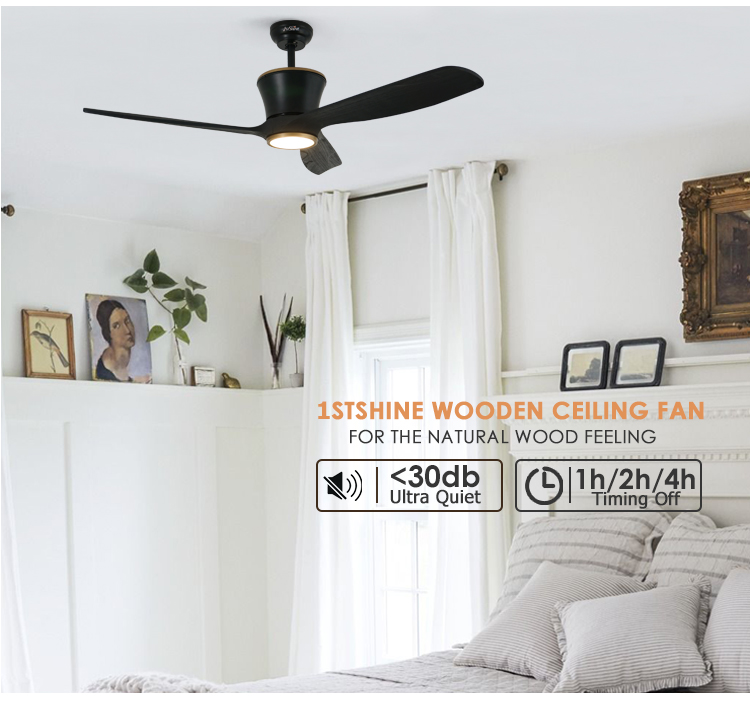 Pure Copper DC Power Source Black Wooden Blades LED Ceiling Fan with 3 Color Lighting