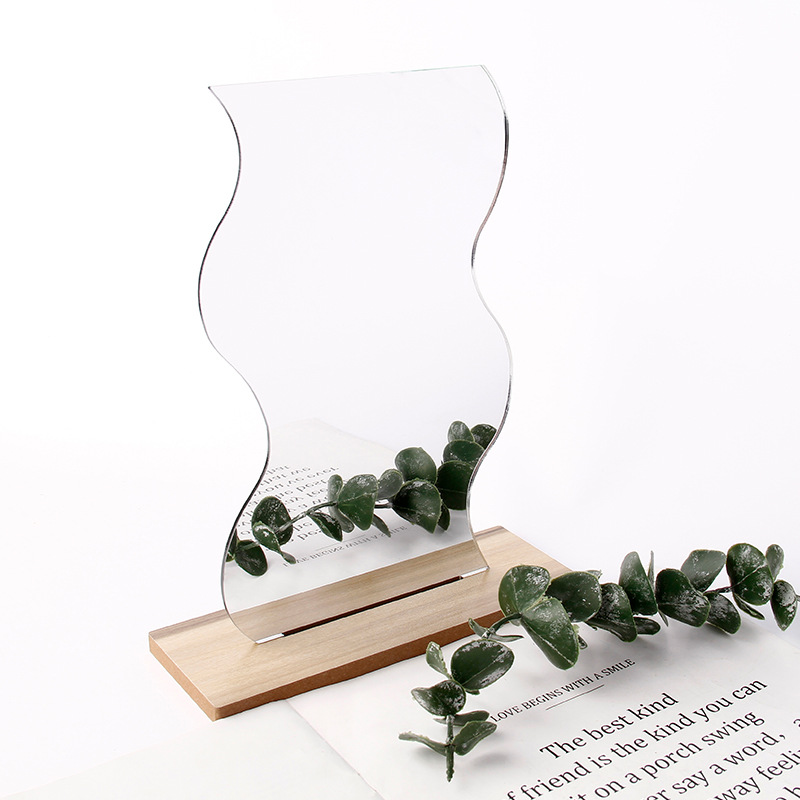 Curvy Portable Lighted Makeup Mirror Wood Stand For Vanity