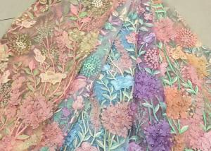 China Bead Embroidered Lace Fabric, Scalloped Multi Color 3D Flower Lace Fabric For Dress wholesale