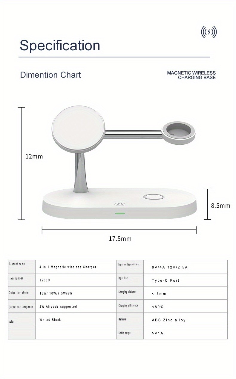 4-in-1 Magnetic Wireless Charging Stand Night Light Included Charging Distance 5mm