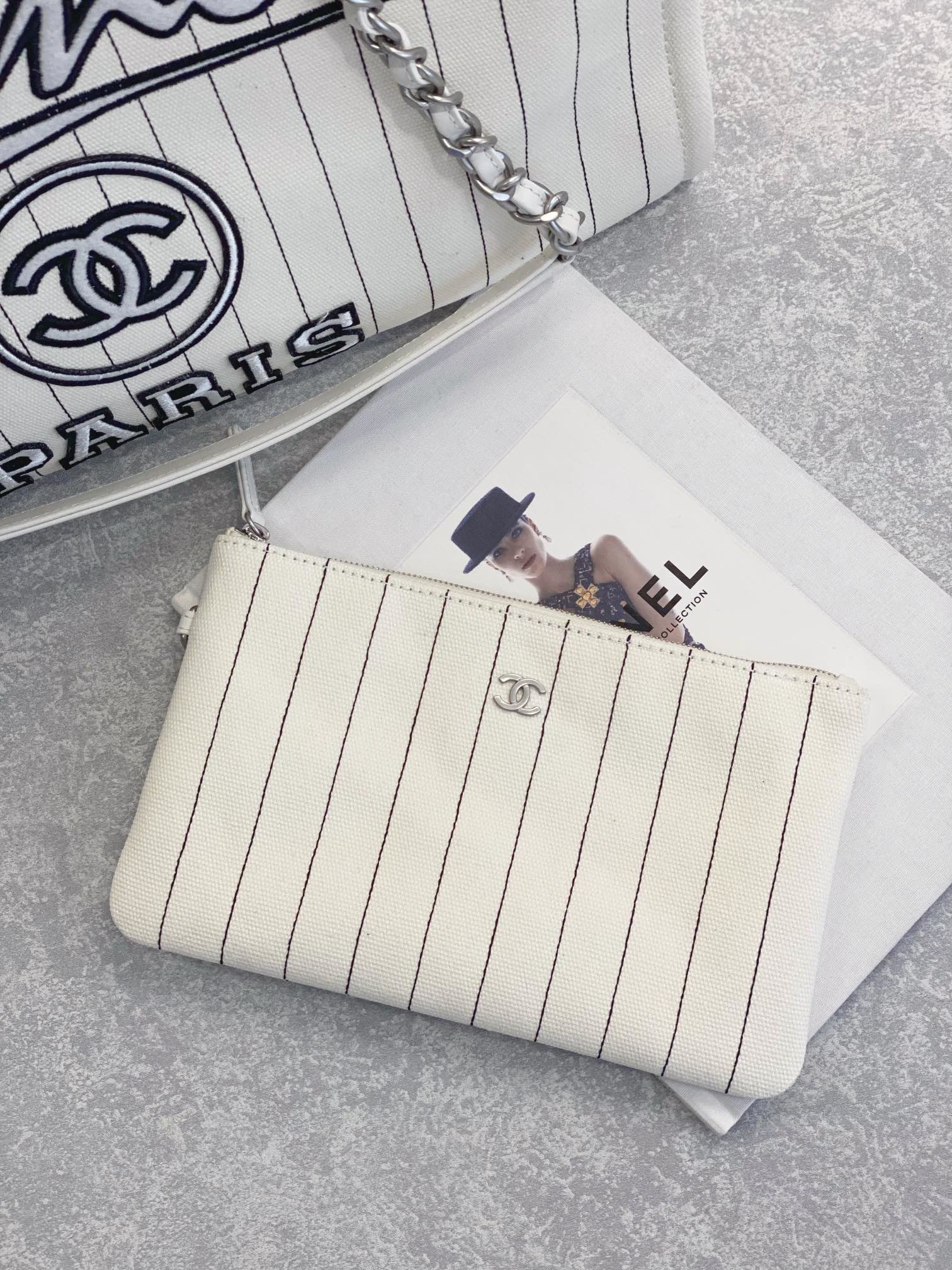 30cm 23P Chanel Deauville Tote Bag White Ecru Black Stripe
