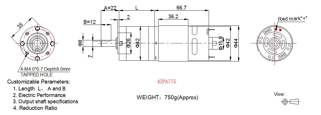 High Torque 12v DC Planetary Gear Motor 42PA775 / 42PA4260 RoHS Approved