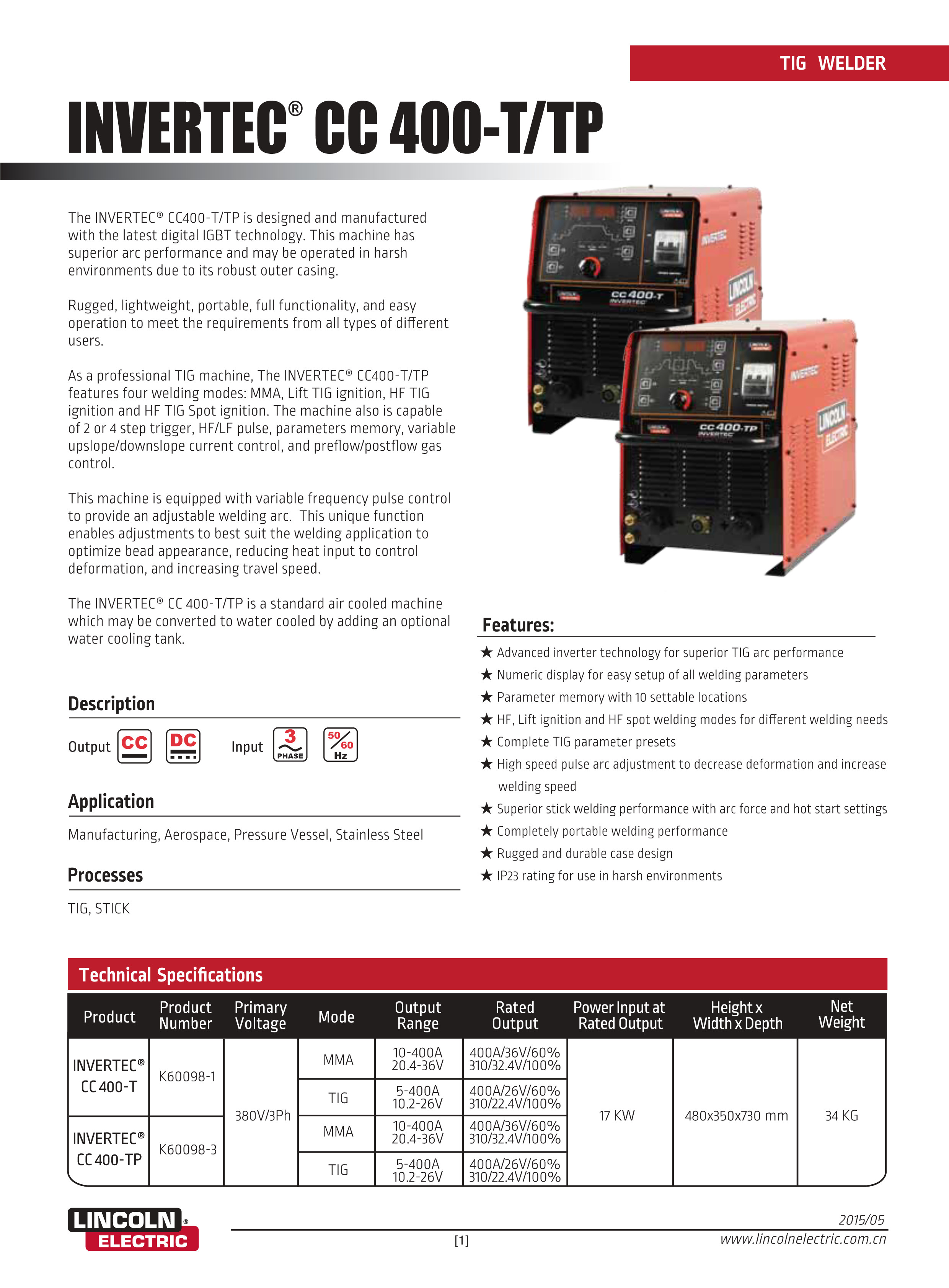 Inverter TIG welding machine Lincoln Invertec CC400-T/400-TP; 5-400A Advanced inverter technology TIG welding Machine;