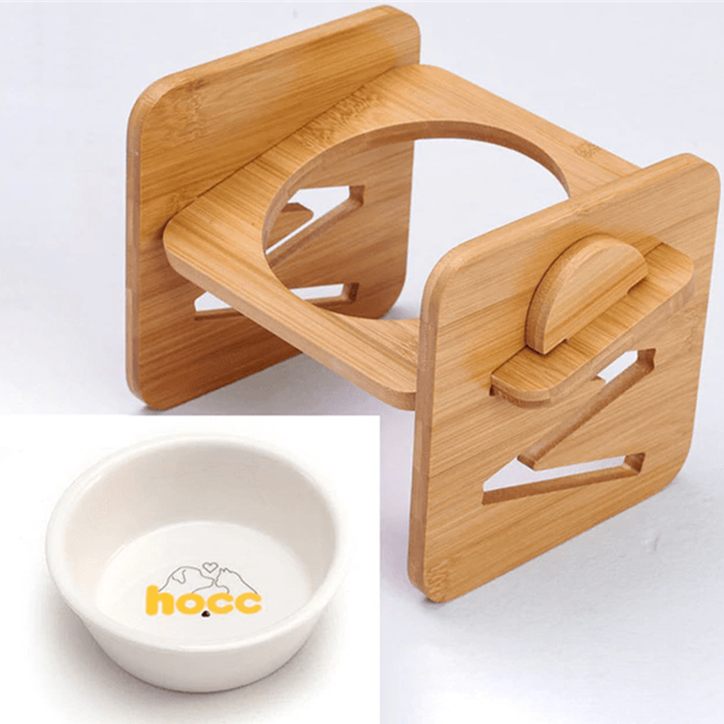 Pet Feeding Food Made Stylish Solid Bamboo Elevated Feeder Stand with Ceramic Bowl