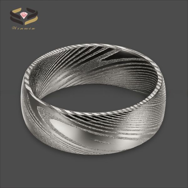 Men 8mm Damascus Steel Wedding Band Dome Finished Pearl Type Included Half Size Gun Color Plated