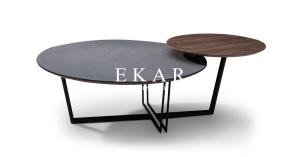 China Contemporary Stainless Steel Frame Round Wooden And Glass Coffee Table wholesale