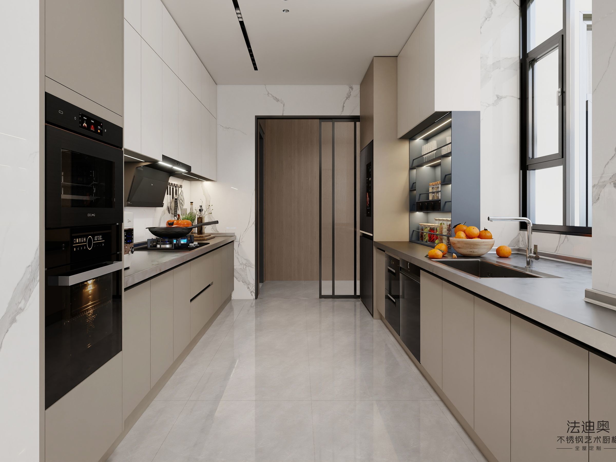 Off-White Stainless Steel U-Shaped Kitchen Cabinet With Seamlessly Integrated Design