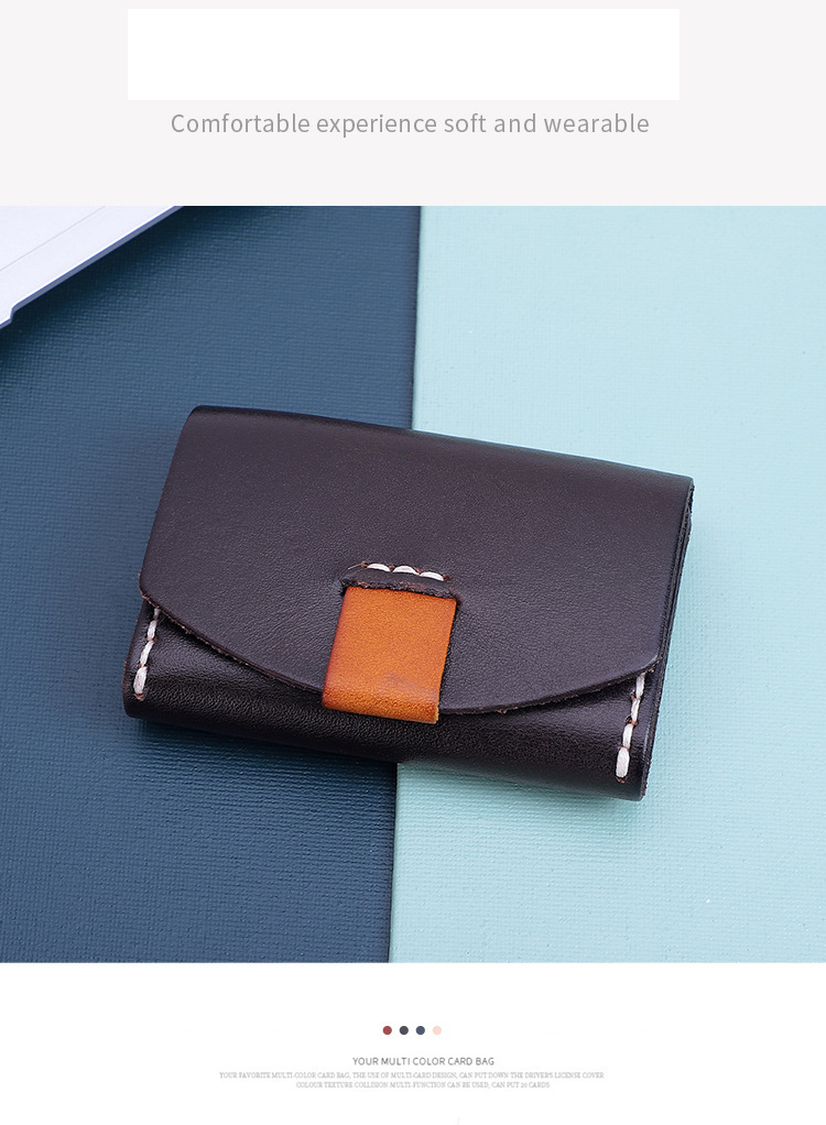 Vegetable Tanned Leather Short ID Card Holder for Cowhide Change Coin and Open Closure
