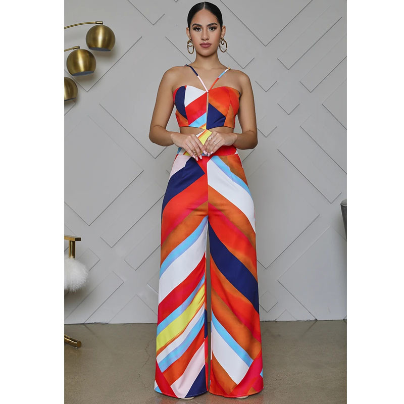 Print Halter Jumpsuit Wide-Leg Pants Casual Off The Shoulder Backless Playsuit