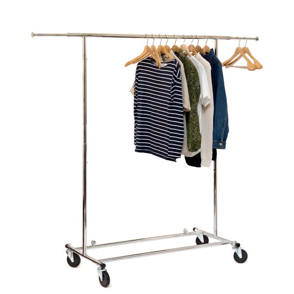 Quality Chrome Metal Clothing Rack On Wheels / Extendable Rods Portable Metal Clothes Rack for sale