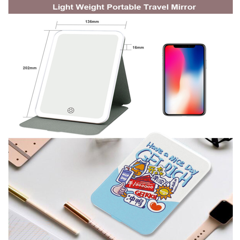 Trendy Led PU Leather IPad Makeup Mirror Standing Led Lighted Mirror Portable For Travel