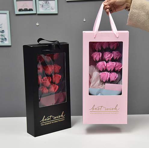 Custom Gold Stamping Logo Flowers Display Gift Box with PVC Window and Ribbon Handle