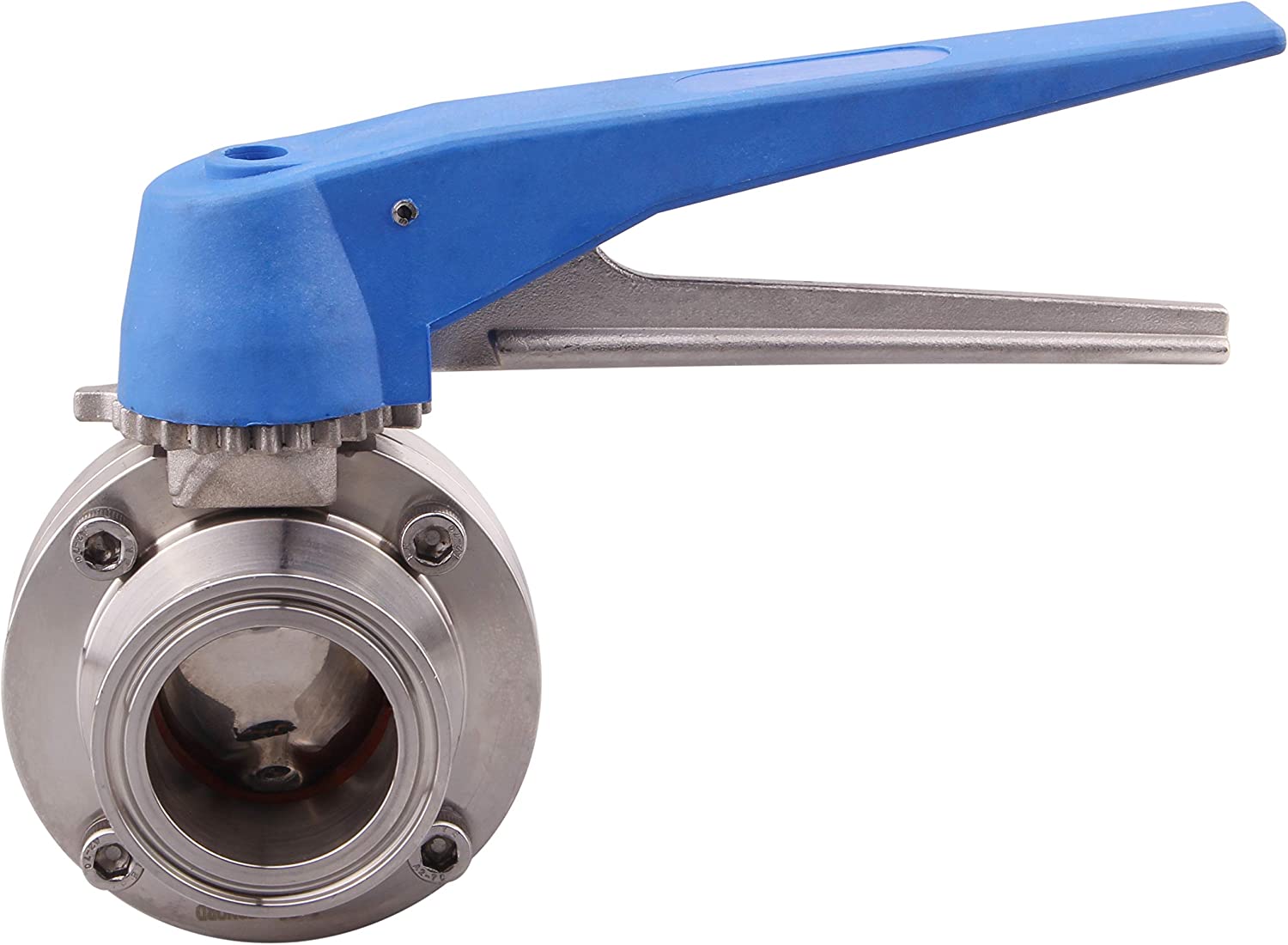 Stainless Steel 304 Butterfly Valve with Blue Trigger Handle and Tri Clamp Clover