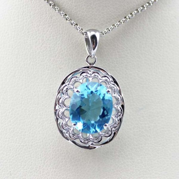 Women Jewelry 9mmx11mm Blue Topaz CZ Diamonds Sterling Silver Pendant Necklace (PSJ0199)
