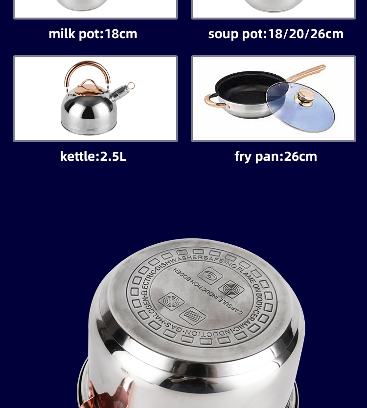 Nonstick Pots Capsule Bottom Glass Lid Round Knob 12 Pcs Stainless Steel Cookware Set Non Stick Cooking Pot Sets