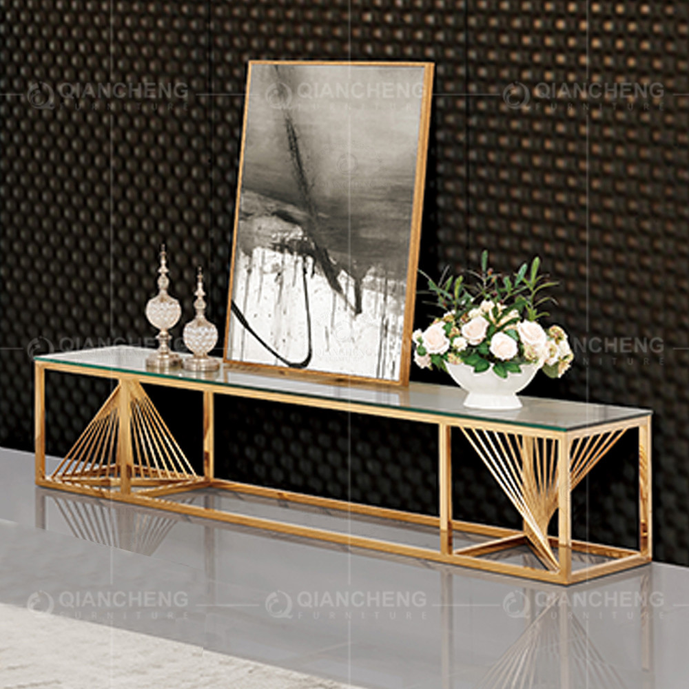 Gold Silver OEM Stainless Steel TV Stand With 12mm Tempered Glass