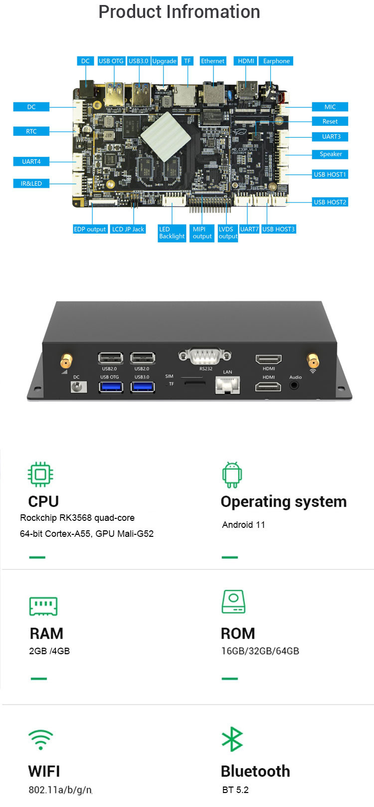 Android 11 OS RK3568 Media Player with 4K HD MI Display and Multiple Interfaces for Commercial Advertising Display