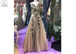 Sleeveless Backless Ball Gown , Champagne Tulle Prom Dress Embroidery Flowers