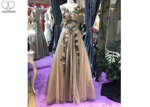 China Sleeveless Backless Ball Gown , Champagne Tulle Prom Dress Embroidery Flowers wholesale