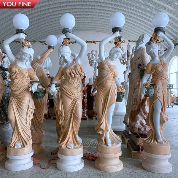 Outdoor Garden Decoration Marble Woman Statue Lamp