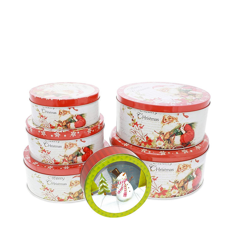 Round Tin Cans Holiday Tin Box Sets Christmas Gift Metal Tins with Lids Printed Tin Cookie Jar
