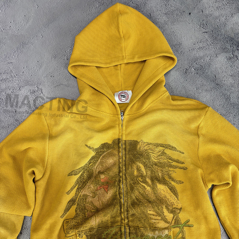 Men's Custom Waffle Knit Zip Hoodie Heavyweight Oversized Distressed Vintage Acid Wash