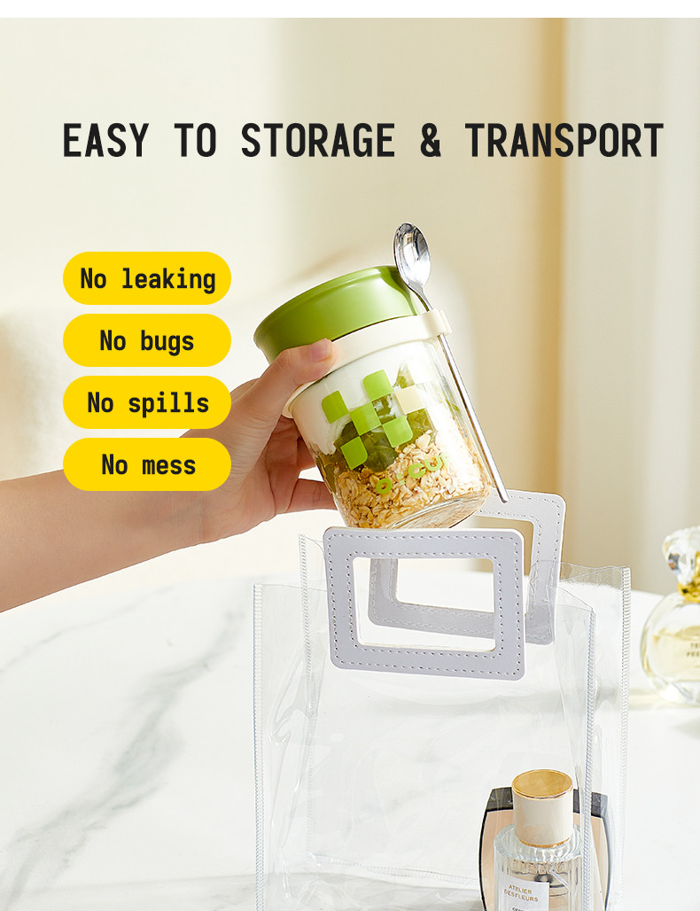 Versatile Long Spoon Reusable Overnight Oats Jar Leak Proof Wide Mouth