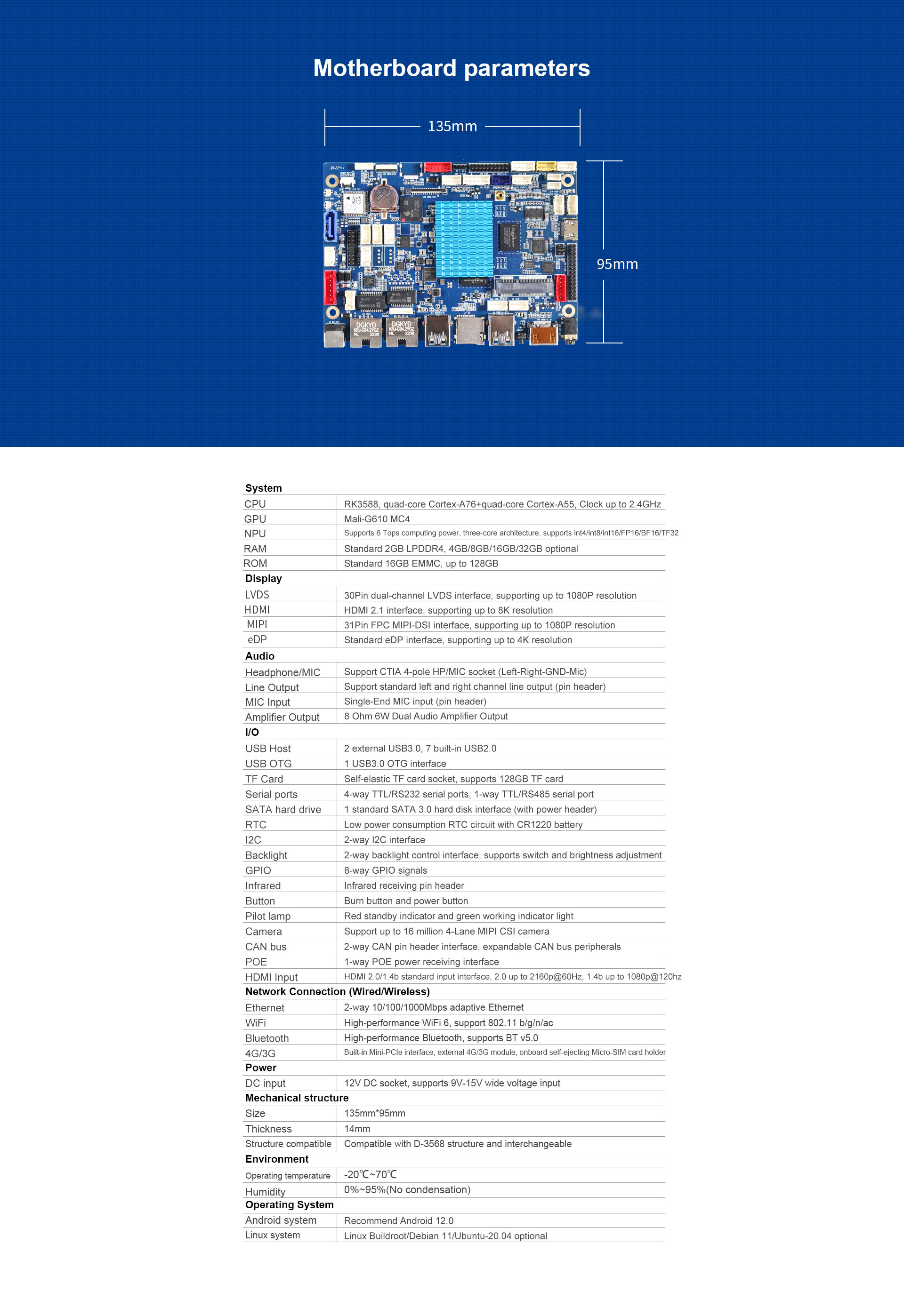 D-3588 Android System Edge Smart Motherboard Octa-core 64-bit Processor