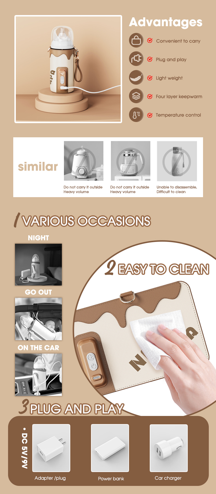 9v Portable USB Charging Digital Bottle Warmer electric Baby Milk Sleeve Cover 18w