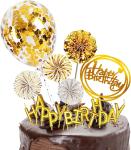 Birthday Paper Fans Banner Confetti Balloon Fireworks Golden Cupcake Topper For