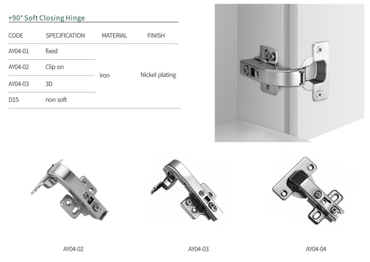 AY04 NISKO 90° Soft Closing Nickel Plating Clip on Metal Hinge details