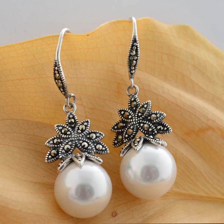 Sterling Silver White Pearl Dangle DropEarrings Thai Vintage Jewellery(E12035WHITE)