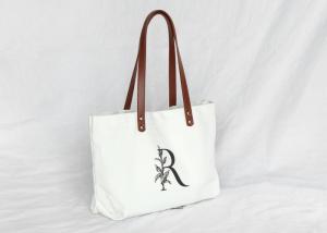 China Reusable Cotton Tote Bag , Canvas Shopper Tote With Leather Handles wholesale