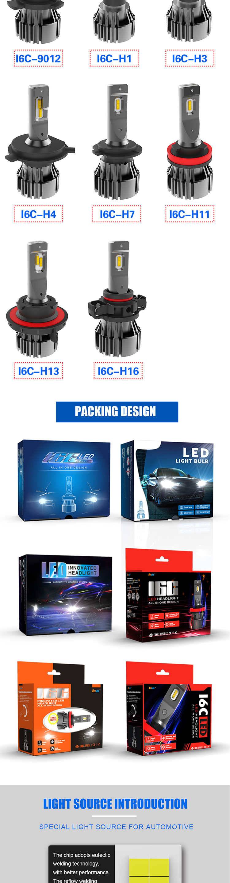 Etclite I6c 9004 Ip65 Car LED Headlight Bulbs 5000lm Hb2 Led Light Headlight