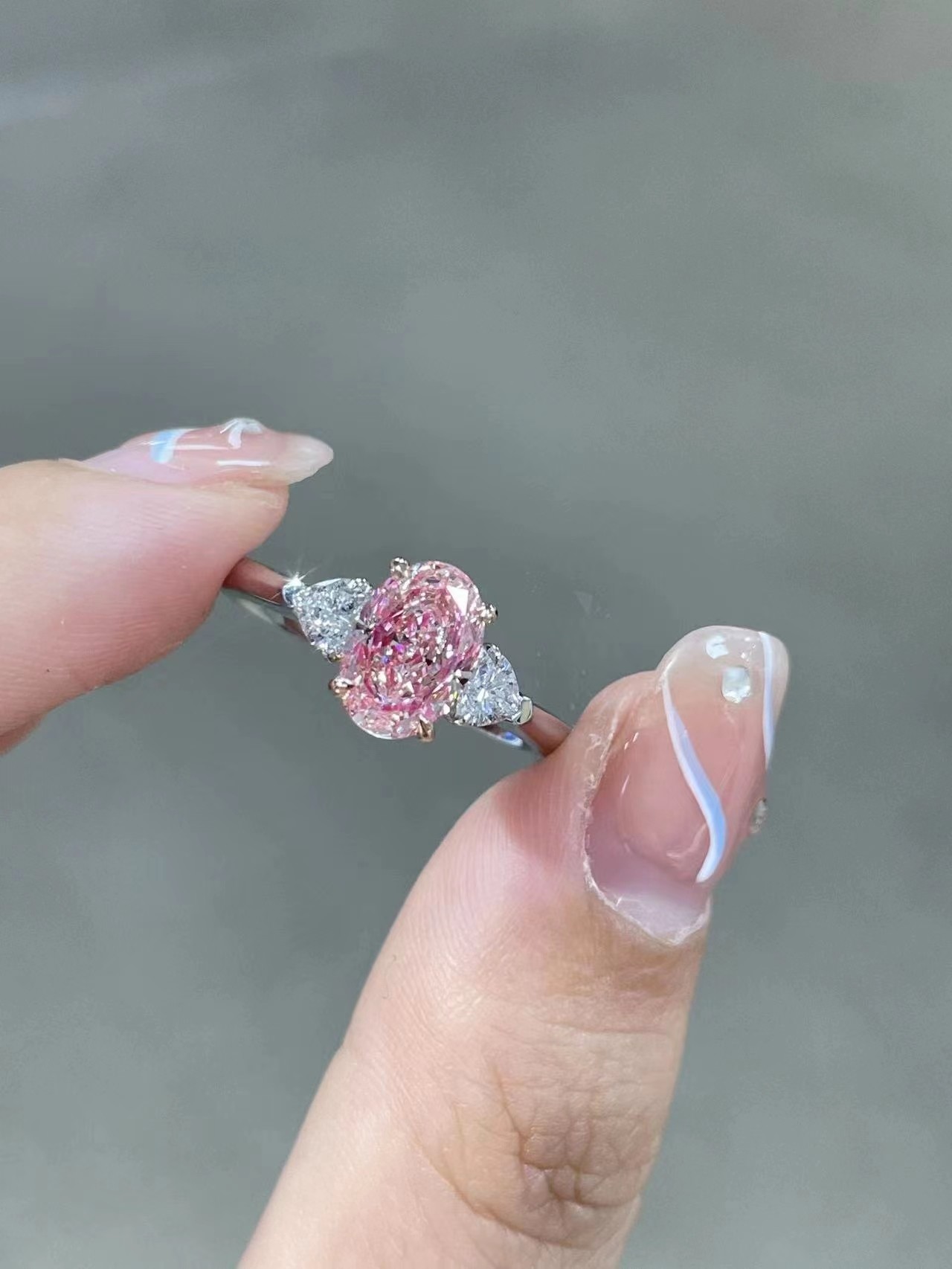 1.69ct Lab Grown Diamond Rings Synthetic CVD Pink Diamond Oval Shape Three Stone Style