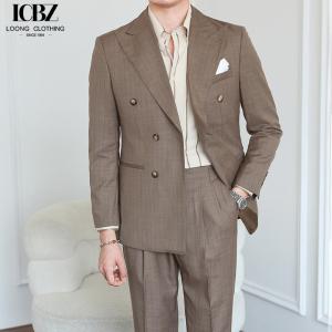 China Italian Vintage Brown Suit Double Breasted Striped Jacket for Men's Professional Look wholesale
