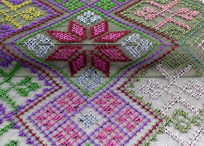 Multi Colored Cross - Stitched Embroidery Lace Fabric From Schiffli Lace Machine