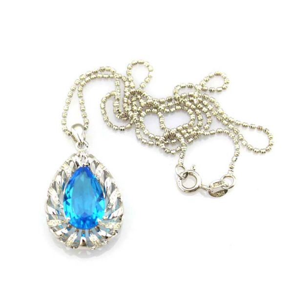 White Gold Plated 925 Silver Teardrop Blue Topaz Cubic Zirconia Pendant Necklace(P46)